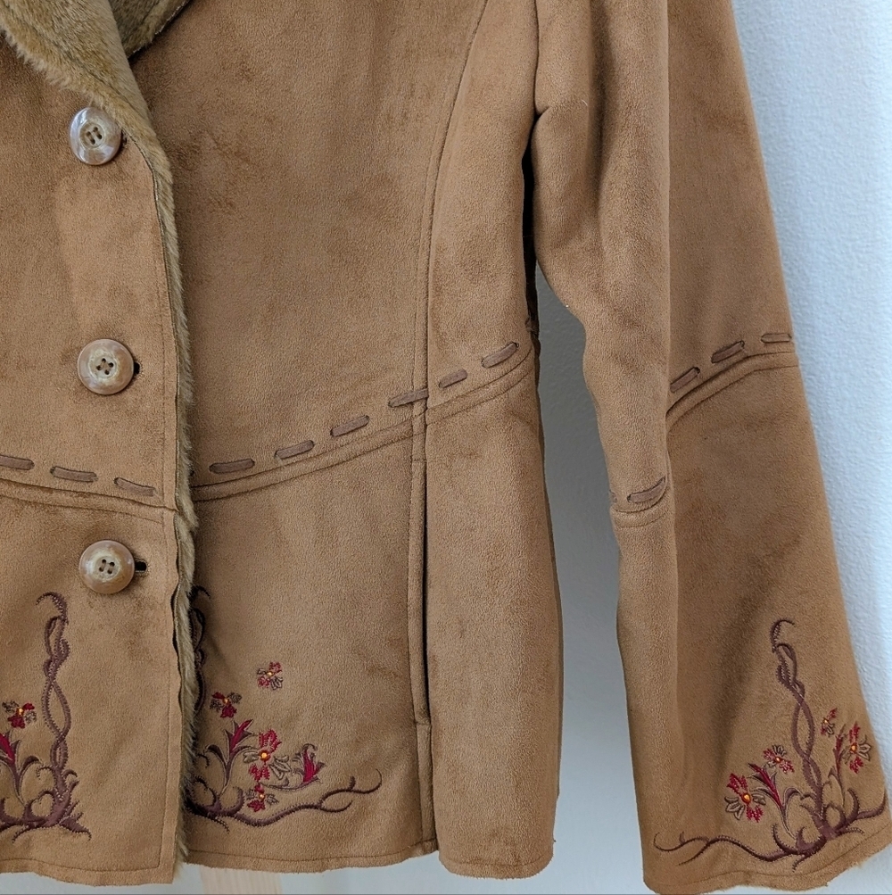 Vintage Faux Suede Faux Fur Collared Floral Embroidered Whipstitch Jacket Camel - Picture 4 of 7